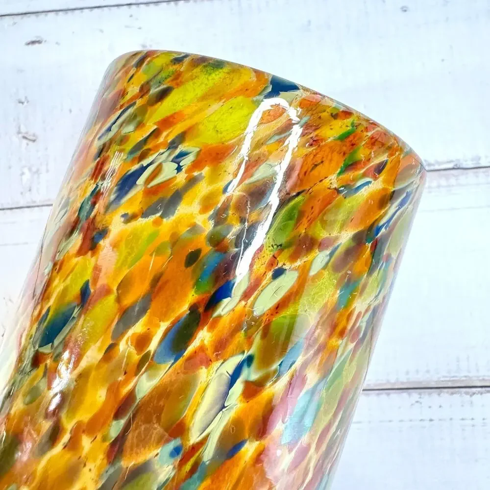 Vintage Hand Blown Art Glass Vase 7” Orange w/Multi Color Confetti Speckled
